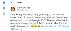 Linda Sue Park Tweets Bong Joo Ho